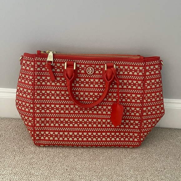 Tory Burch Robinson woven Square Tote Double Zip  Coral/Dulce - Picture 1 of 3